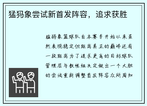 猛犸象尝试新首发阵容，追求获胜